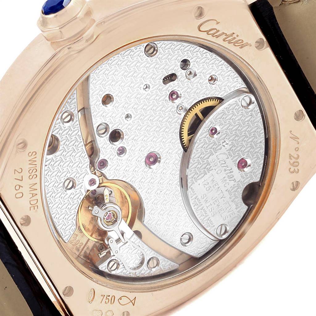 The image shows the back view of a Cartier Tortue W1545851 Men's Rose Gold Silver Dial W1545851 Men's Rose Gold Silver Dial watch, highlighting its intricate inner workings and movement.