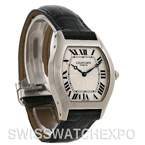 The Cartier Tortue W1546151 Platinum Silver Dial W1546151 Platinum Silver Dial model watch is shown at an angled view, displaying the face, case, and leather strap.
