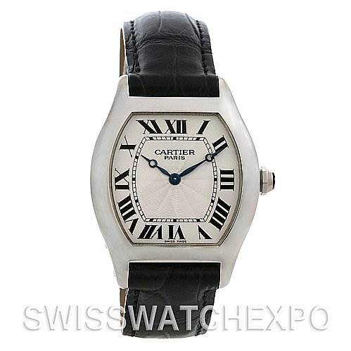 This image shows a front view of a Cartier Tortue W1546151 Platinum Silver Dial W1546151 Platinum Silver Dial watch, featuring its face, casing, and black leather strap.
