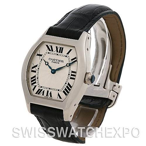 This image shows a Cartier Tortue W1546151 Platinum Silver Dial W1546151 Platinum Silver Dial watch at a three-quarter angle, displaying its face, case, and black leather strap.