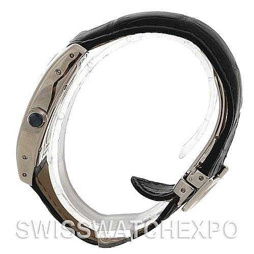 The image shows a side view of a Cartier Tortue W1546151 Platinum Silver Dial W1546151 Platinum Silver Dial watch, highlighting its case, side crown, and strap.