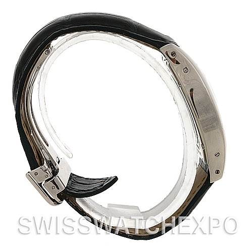 This image shows a side view of a Cartier Tortue W1546151 Platinum Silver Dial W1546151 Platinum Silver Dial watch, focusing on the case, bezel, and strap.