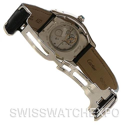 The image shows the back of the Cartier Tortue W1546151 Platinum Silver Dial W1546151 Platinum Silver Dial watch, highlighting its open clasp, inner mechanisms, and leather strap.