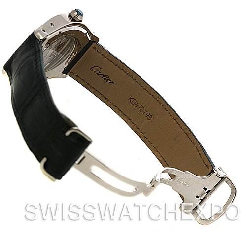 The image shows the underside of the Cartier Tortue W1546151 Platinum Silver Dial W1546151 Platinum Silver Dial watch, highlighting the leather strap and deployant buckle from a side angle.