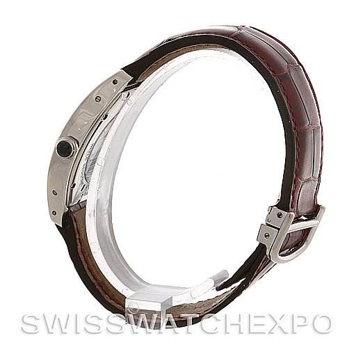 The image shows a side view of the Cartier Tortue W1546151 Platinum Silver Dial W1546151 Platinum Silver Dial watch, highlighting its leather strap and buckle.