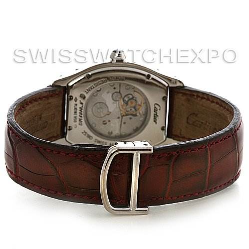 The image shows the back view of a Cartier Tortue W1546151 Platinum Silver Dial W1546151 Platinum Silver Dial watch, highlighting the movement and leather strap.
