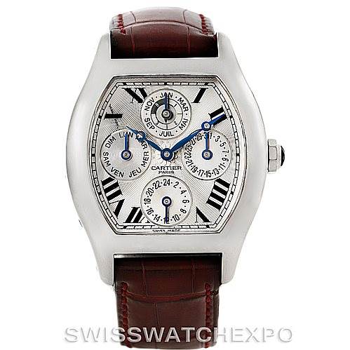 The image shows a Cartier Tortue W1540551 Men's Platinum Silver Dial W1540551 Men's Platinum Silver Dial watch with a silver dial, blue hands, and a red leather strap viewed from the front.