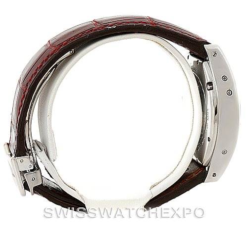 This image shows a side view of the Cartier Tortue W1540551 Men's Platinum Silver Dial W1540551 Men's Platinum Silver Dial watch, highlighting the case and brown leather strap.