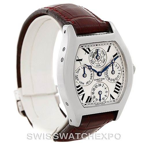 The Cartier Tortue W1540551 Men's Platinum Silver Dial W1540551 Men's Platinum Silver Dial watch is shown at a three-quarter angle, featuring the dial, case, and a portion of the leather strap.