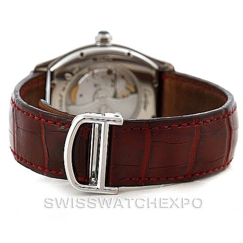 The image shows the back view of a Cartier Tortue W1540551 Men's Platinum Silver Dial W1540551 Men's Platinum Silver Dial watch, highlighting its brown leather strap and buckle.