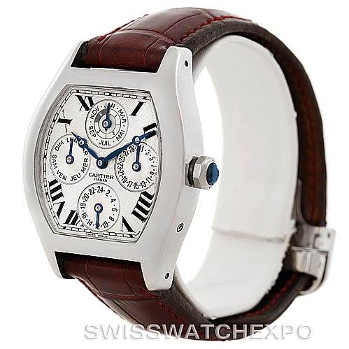 The image shows a Cartier Tortue W1540551 Men's Platinum Silver Dial W1540551 Men's Platinum Silver Dial watch at an angled side view, displaying the dial, crown, and part of the brown leather strap.