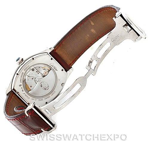 The image shows the back view of a Cartier Tortue W1540551 Men's Platinum Silver Dial W1540551 Men's Platinum Silver Dial watch with an open case back and brown leather strap featuring the clasp.