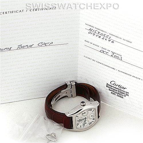 The image shows a Cartier Tortue W1540551 Men's Platinum Silver Dial W1540551 Men's Platinum Silver Dial watch with a leather band, presented alongside its certificate and packaging.