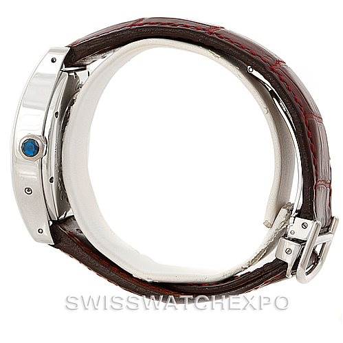 This side view of the Cartier Tortue W1540551 Men's Platinum Silver Dial W1540551 Men's Platinum Silver Dial watch highlights the case, crown, and leather strap with a buckle.