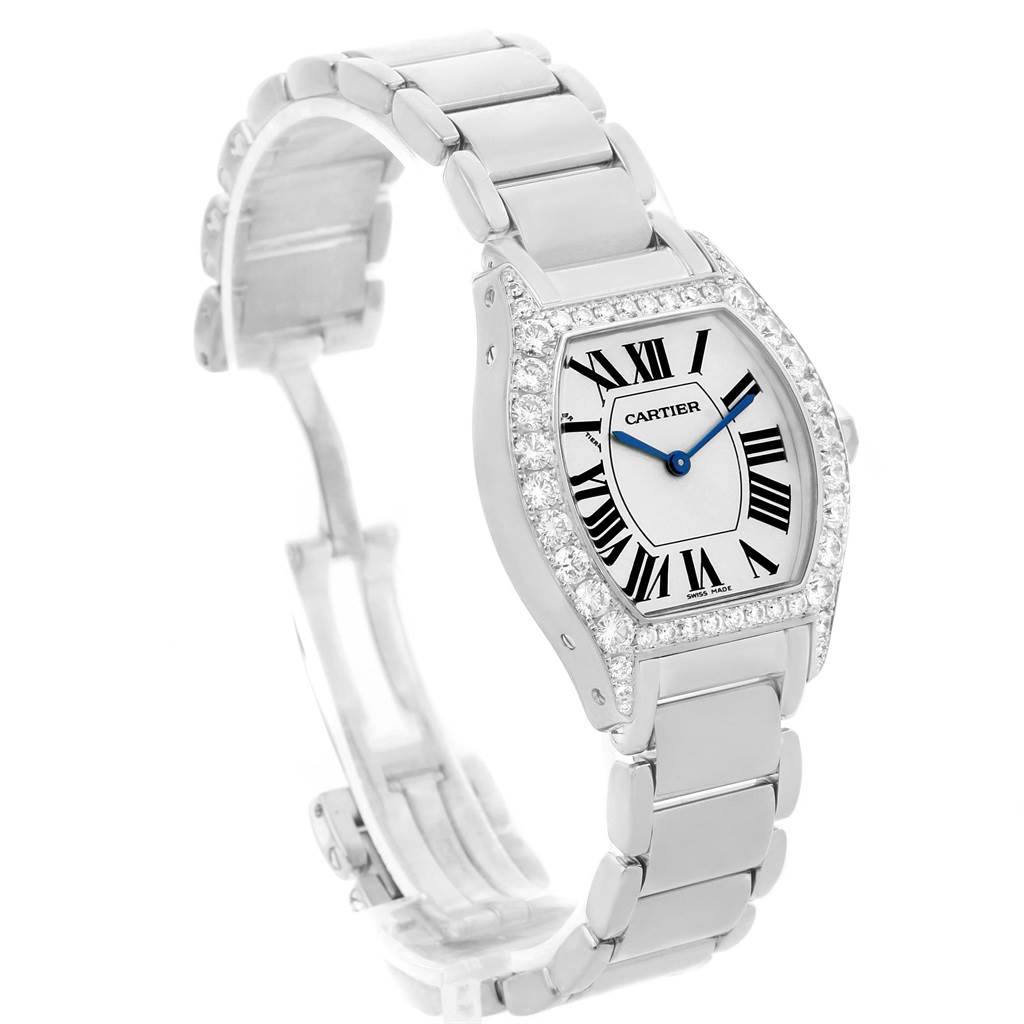 The image shows a Cartier Tortue WA5072W9 Women's White Gold Silver Dial WA5072W9 Women's White Gold Silver Dial watch at a three-quarter angle, highlighting the face, bezel, and bracelet.