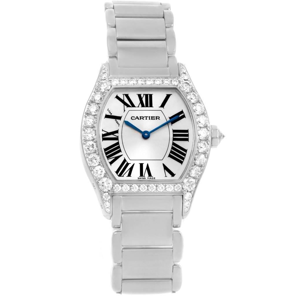 The image shows a front view of the Cartier Tortue WA5072W9 Women's White Gold Silver Dial WA5072W9 Women's White Gold Silver Dial watch, highlighting its face, hands, and bracelet.