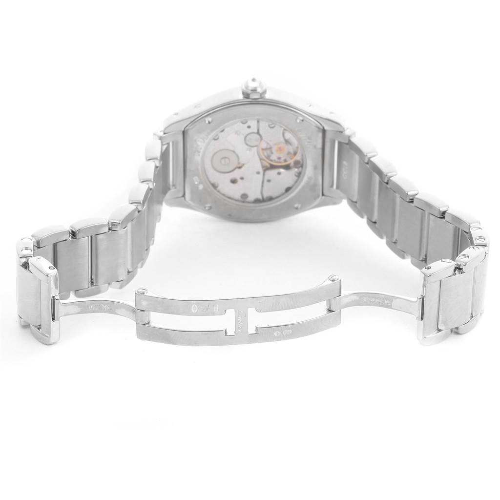 The image shows the back view of the Cartier Tortue WA5072W9 Women's White Gold Silver Dial WA5072W9 Women's White Gold Silver Dial watch, highlighting its open clasp and visible internal mechanism.