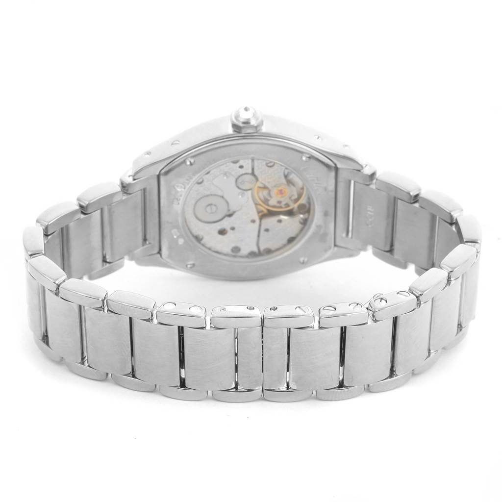 The image shows the back view of a Cartier Tortue WA5072W9 Women's White Gold Silver Dial WA5072W9 Women's White Gold Silver Dial model watch, highlighting its metal bracelet and exposed movement.