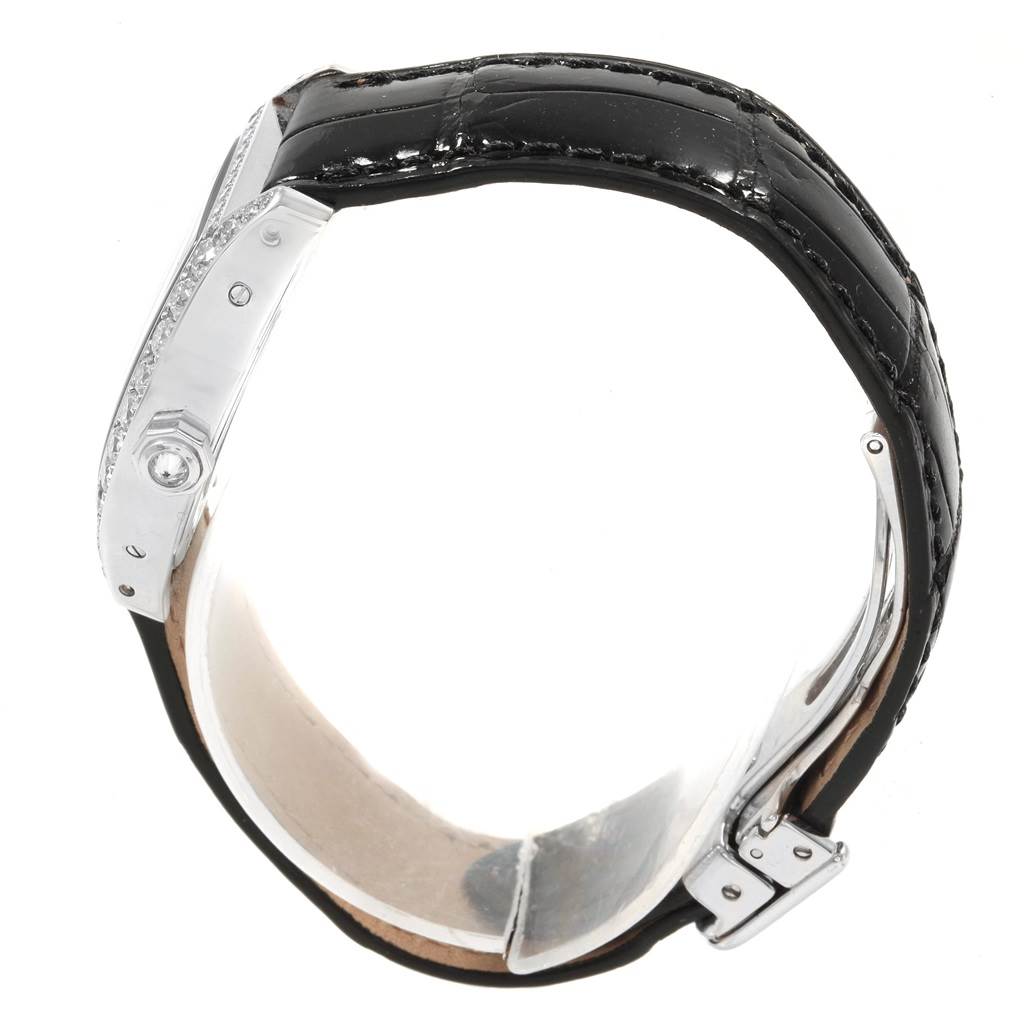 The image shows a side view of the Cartier Tortue WA507231 Women
s White Gold Silver Dial WA507231 Women
s White Gold Silver Dial model watch, displaying the case, bezel, and part of the leather strap.