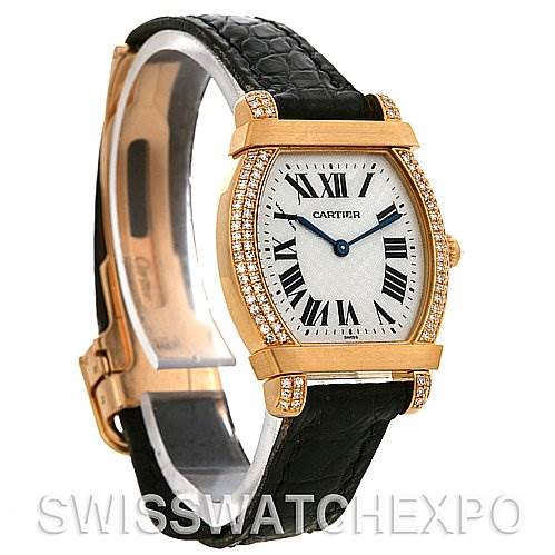 The Cartier Tortue Women
s Yellow Gold Silver Dial Women
s Yellow Gold Silver Dial watch is shown at a three-quarter angle, displaying the face, bezel, case, and strap.