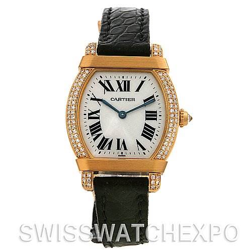 The image shows a front view of a Cartier Tortue Women
s Yellow Gold Silver Dial Women
s Yellow Gold Silver Dial watch, highlighting its face, bezel, and leather strap.