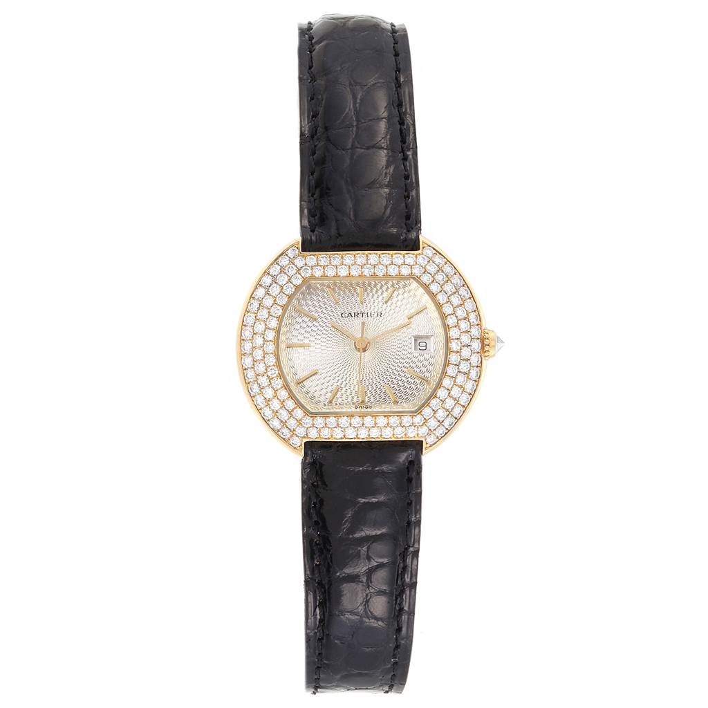 This image shows a front view of the Cartier Tortue 1481 Women's Yellow Gold Silver Dial 1481 Women's Yellow Gold Silver Dial model watch featuring a black strap and a diamond-encrusted dial.