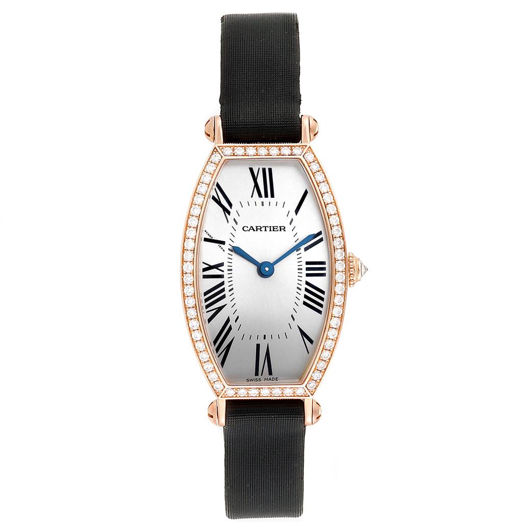 The image shows a front view of a Cartier Tortue WE400331 Women's Yellow Gold Silver Dial WE400331 Women's Yellow Gold Silver Dial watch, displaying the face, case, diamond bezel, and black strap.