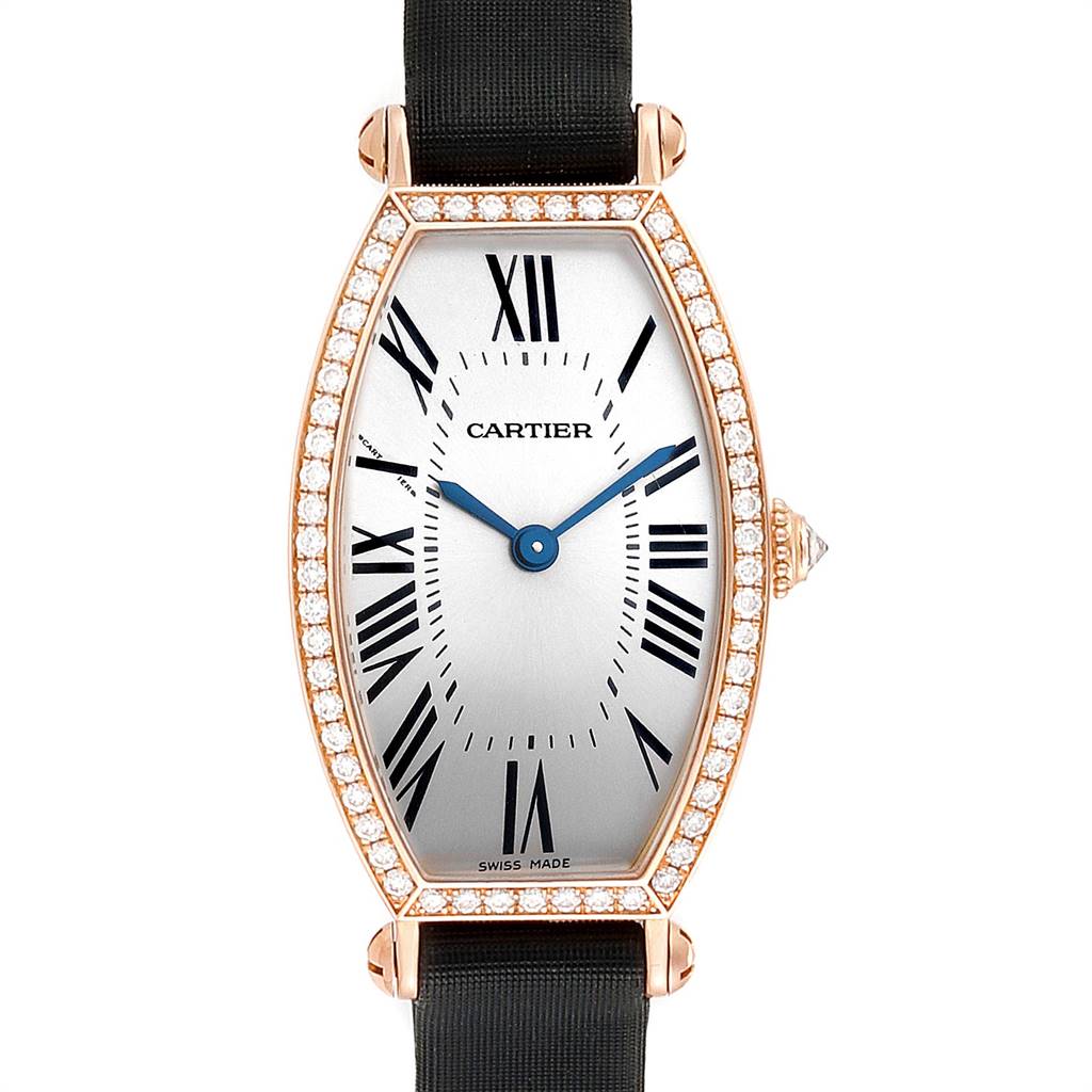 This Cartier Tortue WE400331 Women's Yellow Gold Silver Dial WE400331 Women's Yellow Gold Silver Dial watch is shown from a front angle, displaying the dial, Roman numerals, and diamond-encrusted bezel.