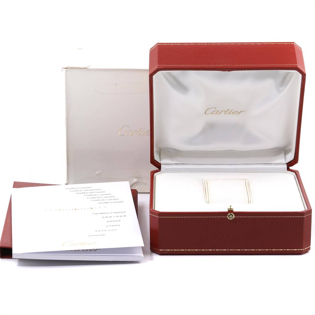 The image shows the empty box, outer box, and paperwork for the Cartier Tortue WE400131 Women's White Gold White Dial WE400131 Women's White Gold White Dial watch.