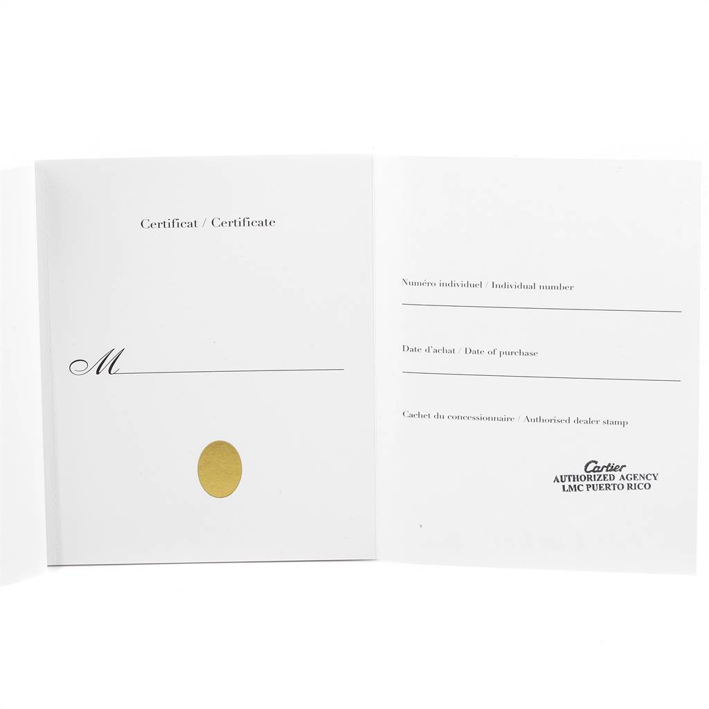 The image shows an open certificate booklet for the Tortue model by Cartier.