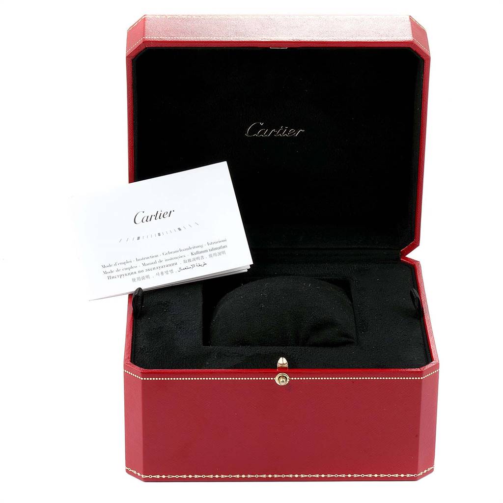 The image shows an open red box for the Cartier Tortue 2396G Women's White Gold Silver Dial 2396G Women's White Gold Silver Dial watch, including a booklet inside.