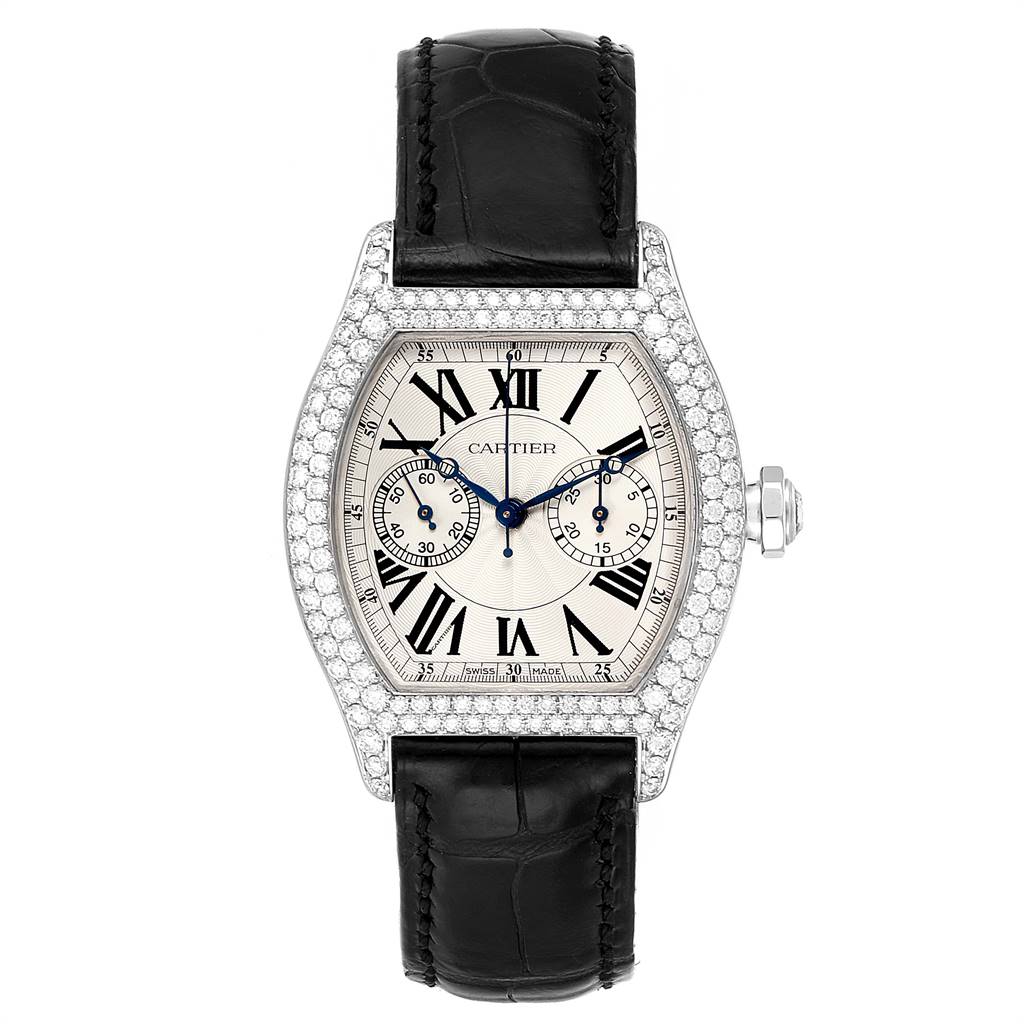 This Cartier Tortue 2396G Women's White Gold Silver Dial 2396G Women's White Gold Silver Dial model watch is shown from a front angle, displaying its dial, bezel, case, and black leather strap.