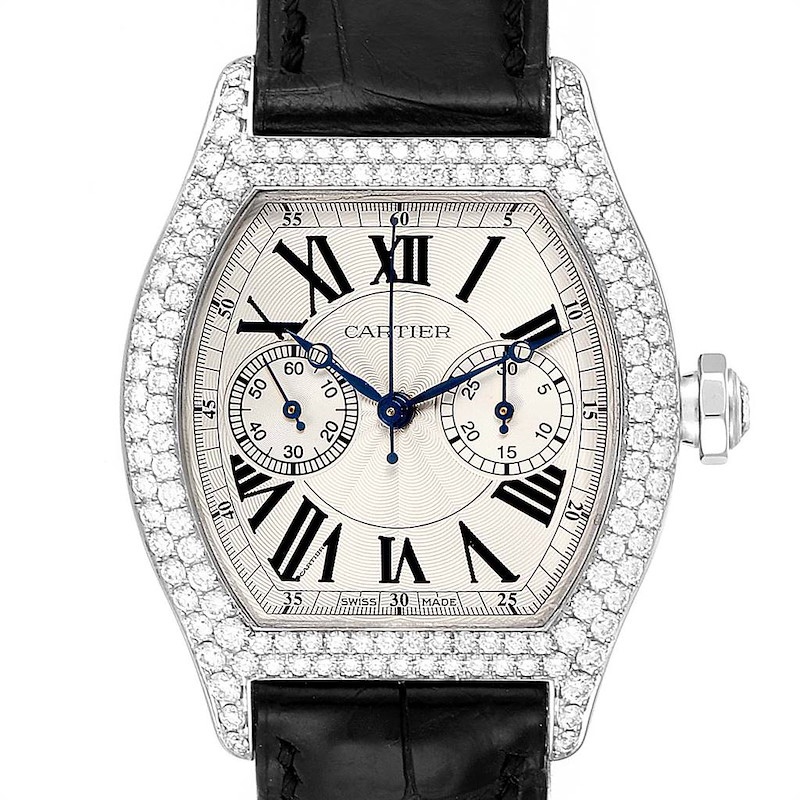 Cartier Tortue Monopusher Chronograph White Gold Diamond Watch 2396G SwissWatchExpo