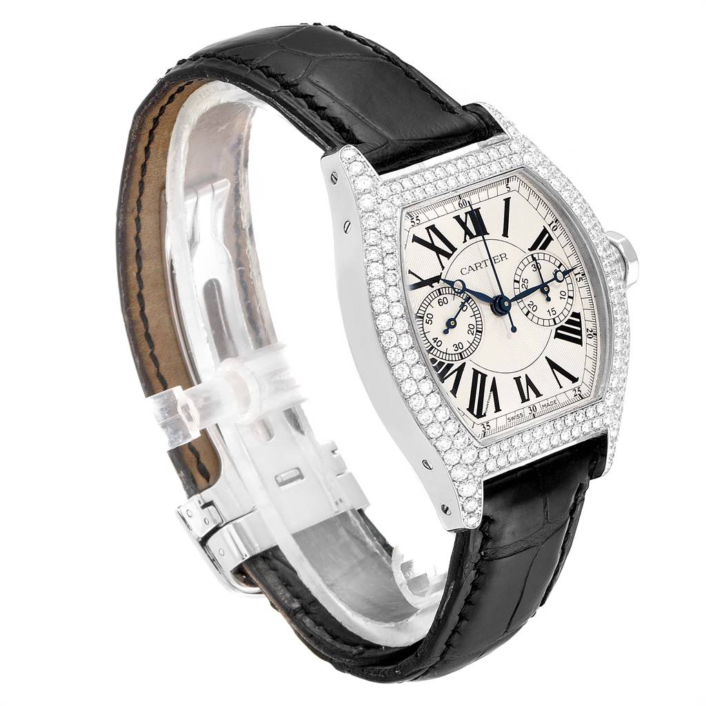 The Cartier Tortue 2396G Women's White Gold Silver Dial 2396G Women's White Gold Silver Dial watch is shown at a slight angle, featuring its face, diamond-set bezel, and leather strap.