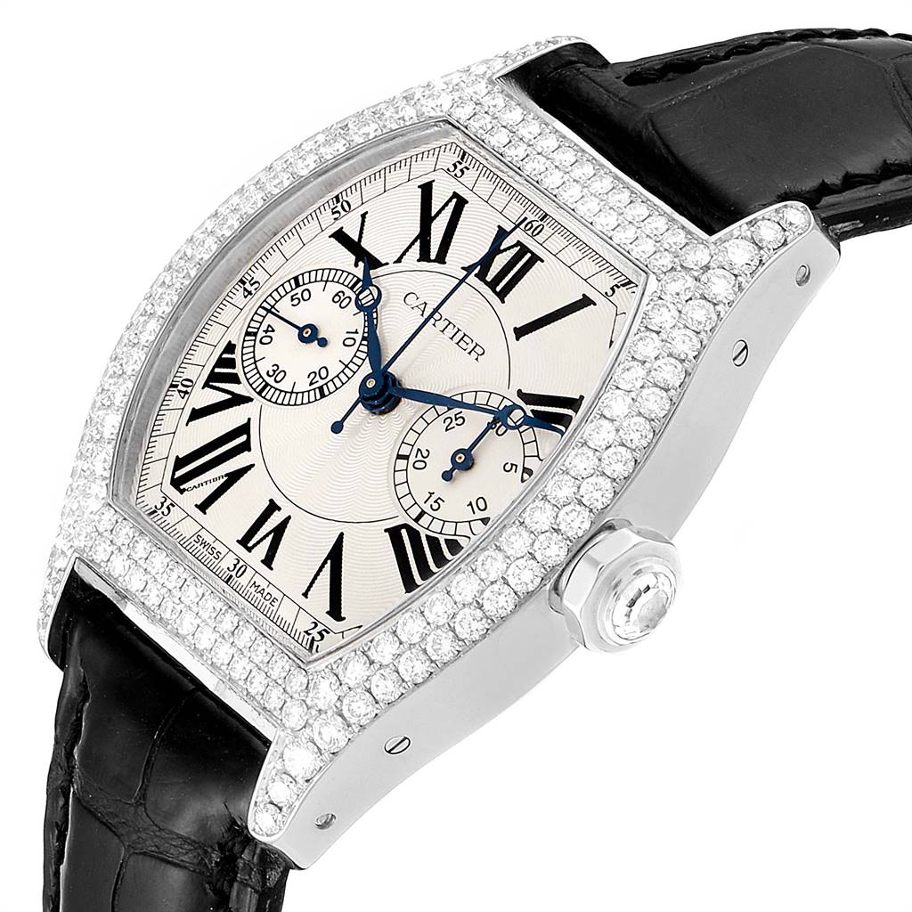 This image shows a front and side view of the Cartier Tortue 2396G Women's White Gold Silver Dial 2396G Women's White Gold Silver Dial watch, displaying its face, case, and leather strap.