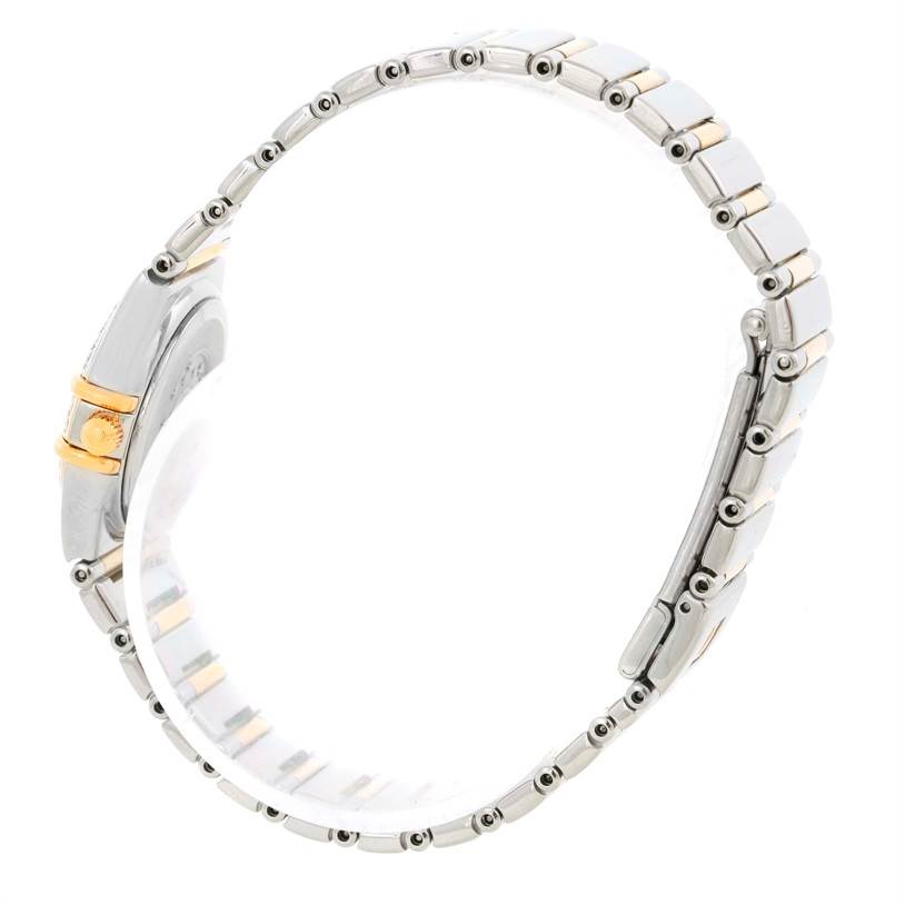 This Omega 1365.75.00 Women
s Steel and Gold (two tone) Mother of Pearl Dial 1365.75.00 Women
s Steel and Gold (two tone) Mother of Pearl Dial Constellation Mini Steel Yellow Gold Diamond Watch 1365.75.00 is shown from a side angle, highlighting the bracelet and crown details.