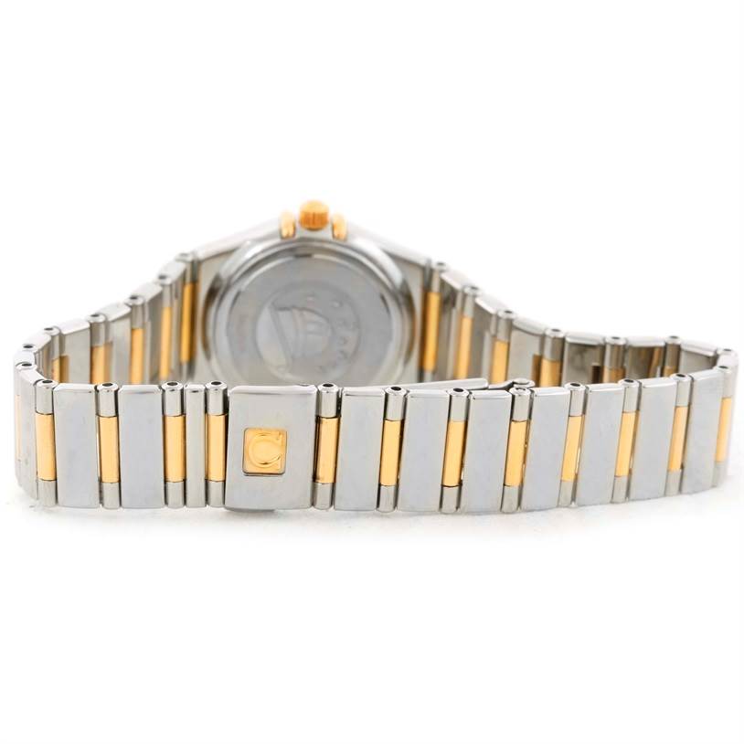 The image shows the back view of the Omega 1365.75.00 Women
s Steel and Gold (two tone) Mother of Pearl Dial 1365.75.00 Women
s Steel and Gold (two tone) Mother of Pearl Dial Constellation Mini Steel Yellow Gold Diamond Watch 1365.75.00, focusing on its bracelet and case back.