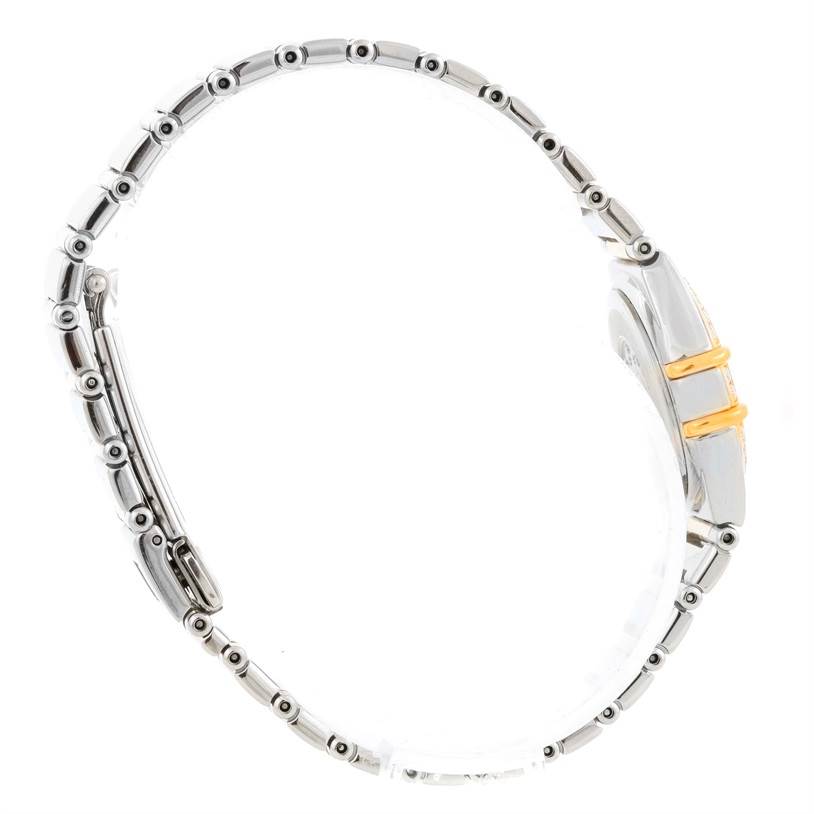 The image shows a side view of the bracelet and partially the case of the Omega 1365.75.00 Women
s Steel and Gold (two tone) Mother of Pearl Dial 1365.75.00 Women
s Steel and Gold (two tone) Mother of Pearl Dial Constellation Mini Steel Yellow Gold Diamond Watch 1365.75.00.