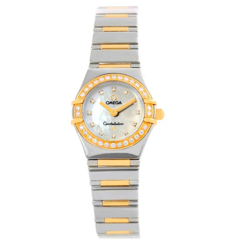 The image shows a frontal view of the Omega 1365.75.00 Women
s Steel and Gold (two tone) Mother of Pearl Dial 1365.75.00 Women
s Steel and Gold (two tone) Mother of Pearl Dial Constellation Mini Steel Yellow Gold Diamond Watch 1365.75.00, displaying its face and bracelet.