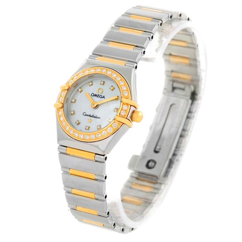The Omega 1365.75.00 Women
s Steel and Gold (two tone) Mother of Pearl Dial 1365.75.00 Women
s Steel and Gold (two tone) Mother of Pearl Dial Constellation Mini Steel Yellow Gold Diamond Watch 1365.75.00 is shown at a slight angle, highlighting the face, bezel, and bracelet.