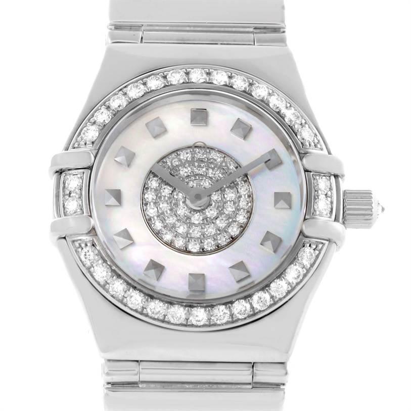 The Omega Women's White Gold Mother of Pearl Dial Women's White Gold Mother of Pearl Dial Constellation Specialties 18K White Gold Pave Diamond Ladies Watch is shown from the front, highlighting the dial and bezel.