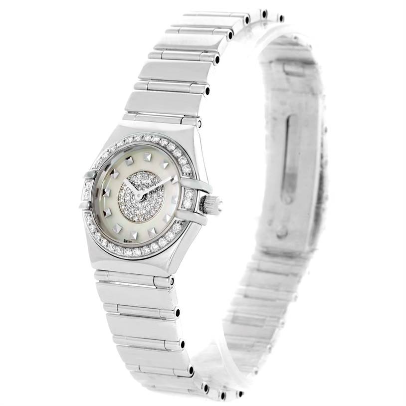 The image shows an Omega Women's White Gold Mother of Pearl Dial Women's White Gold Mother of Pearl Dial Constellation Specialties 18K White Gold Pave Diamond Ladies Watch at a slight angle displaying the face and bracelet.