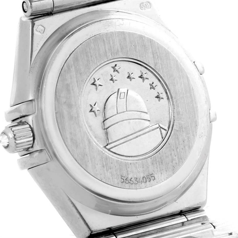 This image shows the back case of an Omega Women's White Gold Mother of Pearl Dial Women's White Gold Mother of Pearl Dial Constellation Specialties 18K White Gold Pave Diamond Ladies Watch from an angled view.