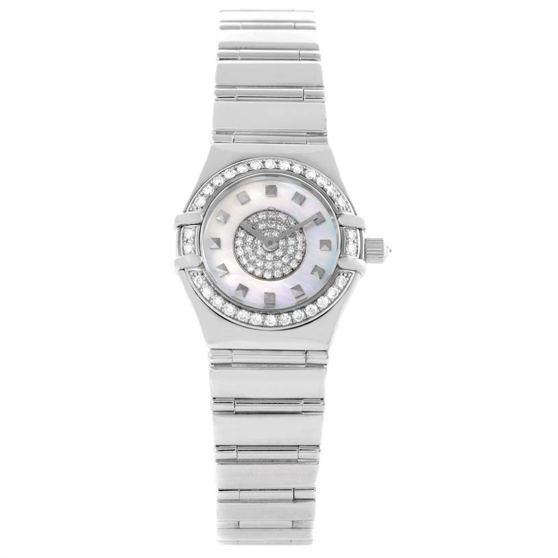 The image shows a frontal view of the Omega Women's White Gold Mother of Pearl Dial Women's White Gold Mother of Pearl Dial Constellation Specialties 18K White Gold Pave Diamond Ladies Watch, highlighting its face and bracelet.