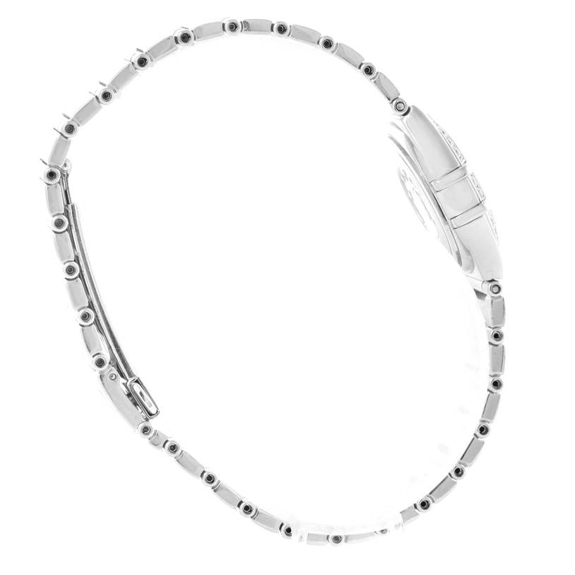 This image shows the side view of an Omega Women's White Gold Mother of Pearl Dial Women's White Gold Mother of Pearl Dial Constellation Specialties 18K White Gold Pave Diamond Ladies Watch, highlighting the watch band.