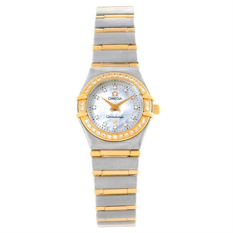 The image shows the full face and band of the Omega 1267.75.00 Women
s Steel and Gold (two tone) Mother of Pearl Dial 1267.75.00 Women
s Steel and Gold (two tone) Mother of Pearl Dial Constellation My Choice Mini Steel Gold Diamond Watch 1267.75.00.