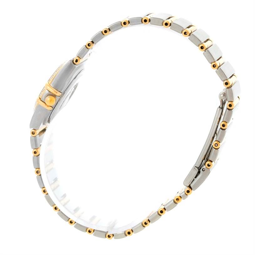 This image shows a side view of the Omega 1267.75.00 Women
s Steel and Gold (two tone) Mother of Pearl Dial 1267.75.00 Women
s Steel and Gold (two tone) Mother of Pearl Dial Constellation My Choice Mini Steel Gold Diamond Watch 1267.75.00, highlighting its metal and gold bracelet.