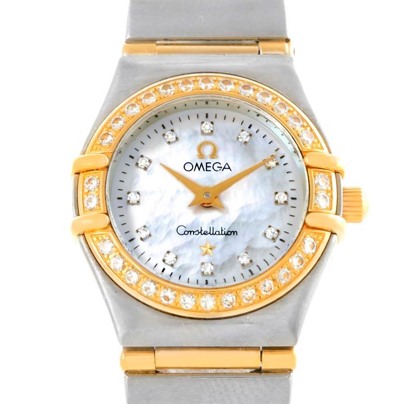 The image shows a frontal view of the Omega 1267.75.00 Women
s Steel and Gold (two tone) Mother of Pearl Dial 1267.75.00 Women
s Steel and Gold (two tone) Mother of Pearl Dial Constellation My Choice Mini Steel Gold Diamond Watch 1267.75.00 with a focus on the face and bracelet.