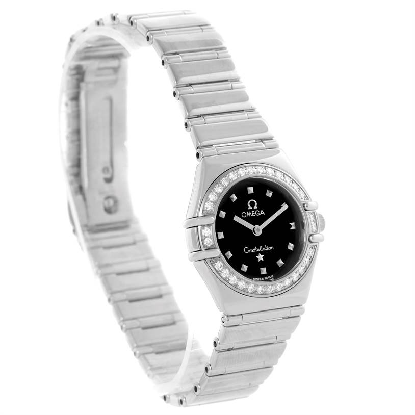 The Omega 1465.51.00 Women's Stainless Steel Black Dial 1465.51.00 Women's Stainless Steel Black Dial Constellation My Choice Mini Ladies Diamond Watch 1465.51.00 is shown at a front angle, displaying its bracelet and diamond-adorned bezel.