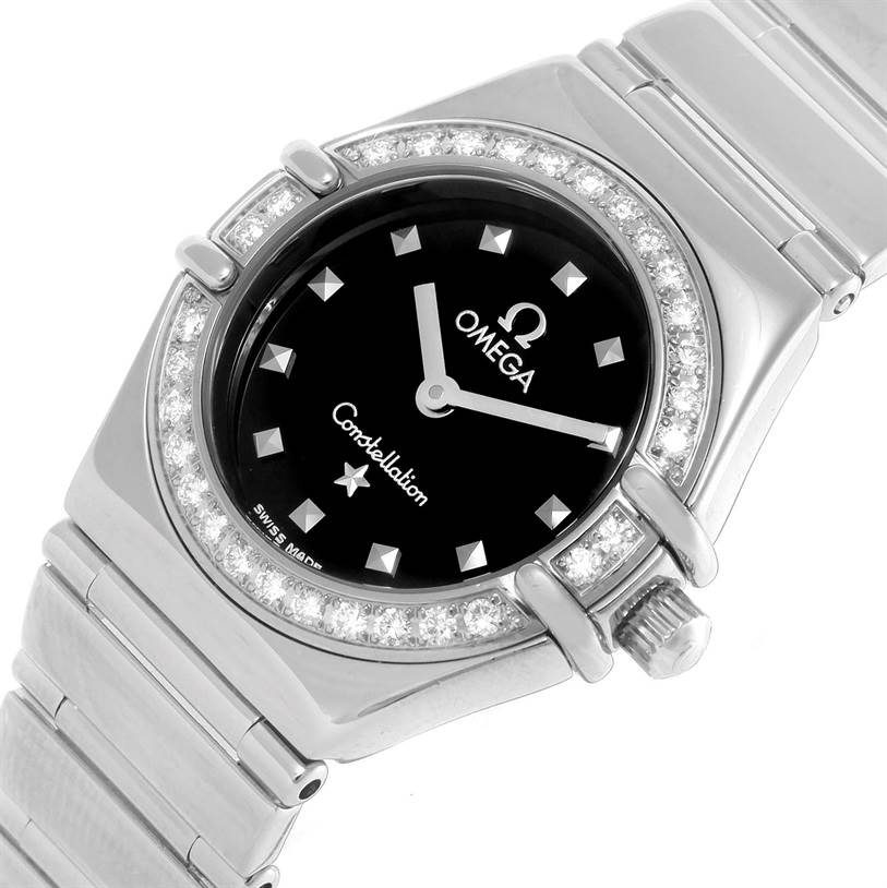 This image shows the Omega 1465.51.00 Women's Stainless Steel Black Dial 1465.51.00 Women's Stainless Steel Black Dial Constellation My Choice Mini Ladies Diamond Watch 1465.51.00 from an angled top-down view, highlighting the face and bezel.